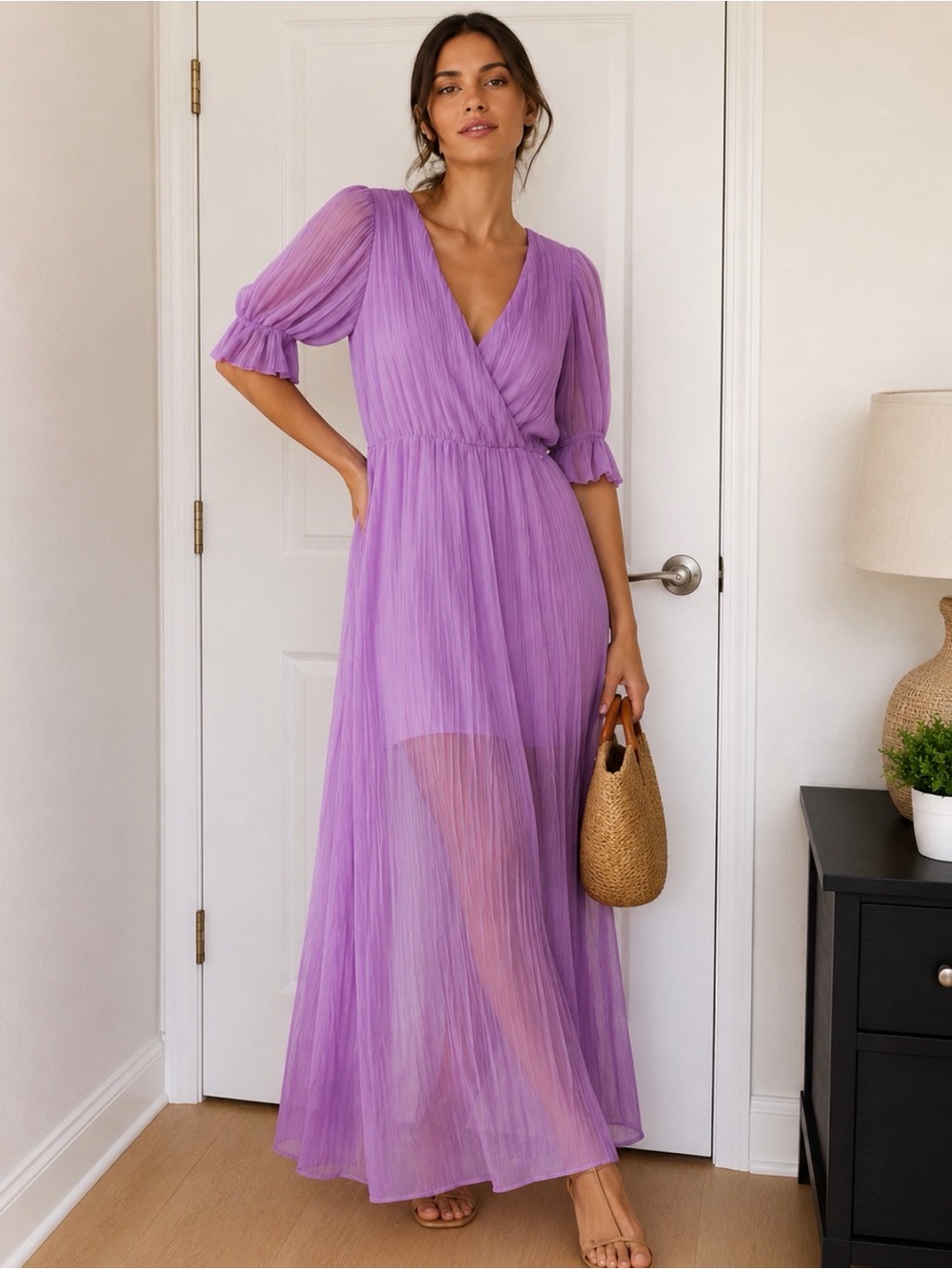 H&M Lavender Pleated V-Neck Maxi Dress